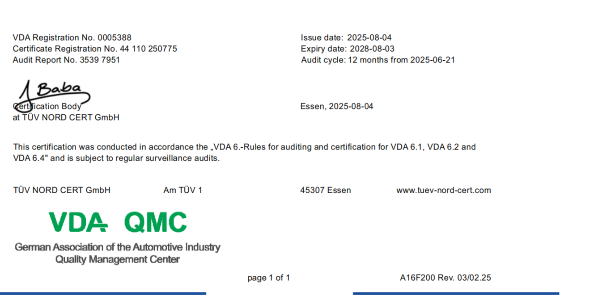 Successfully passed the VDA6.4 Quality Management System Certification Audit for the year 2025